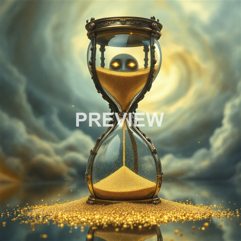 An ornate hourglass with a skull at its center, filled with golden sand, set against a swirling, cloudy background, giving a surreal and ominous atmosphere.